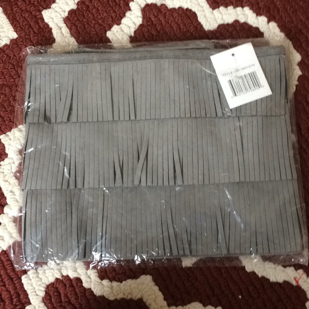 NWT Grey Suede Fringe Clutch Purse